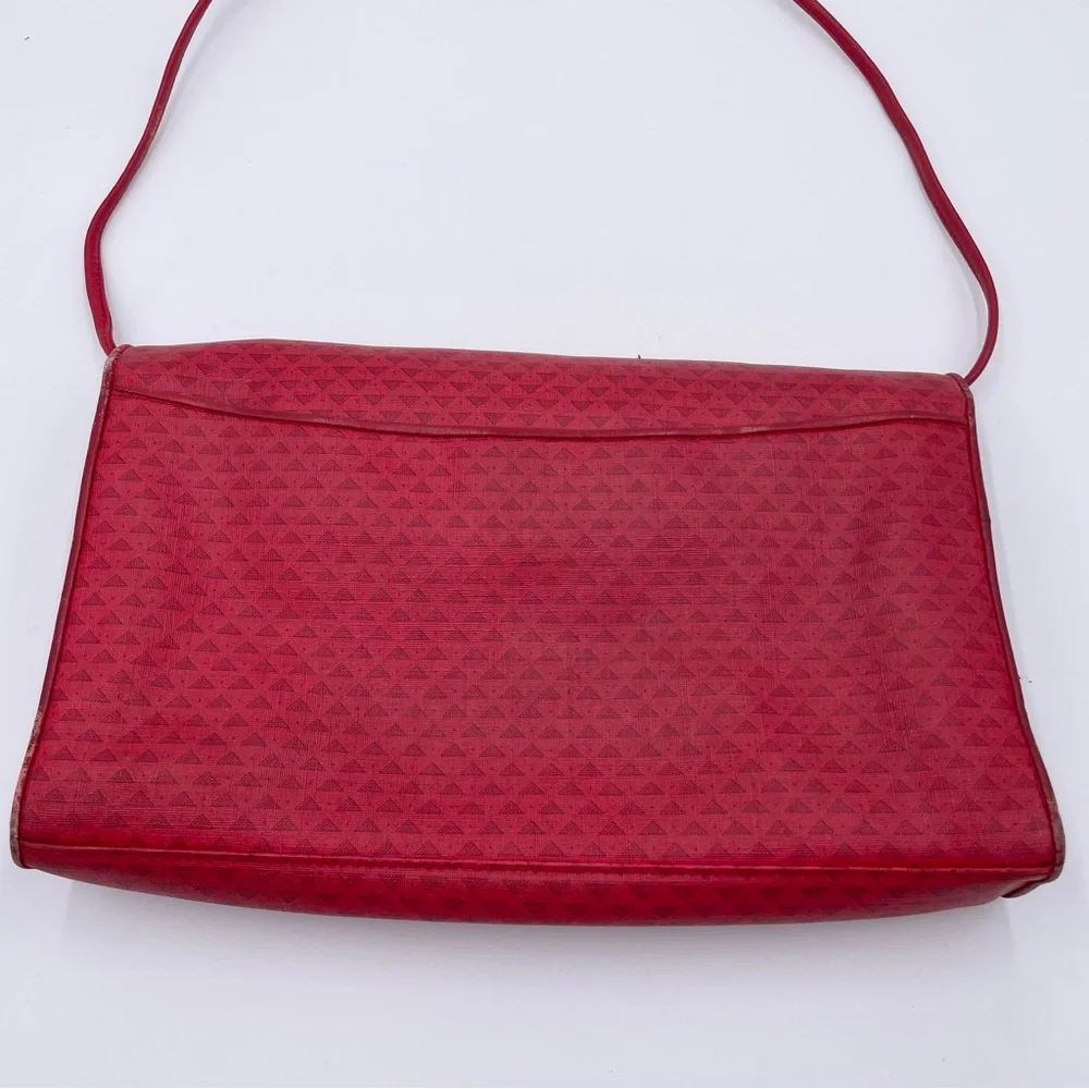 Vintage 1984 Liz Claiborne Red Leather Flap Bag Purse Geometric Print Adjustable